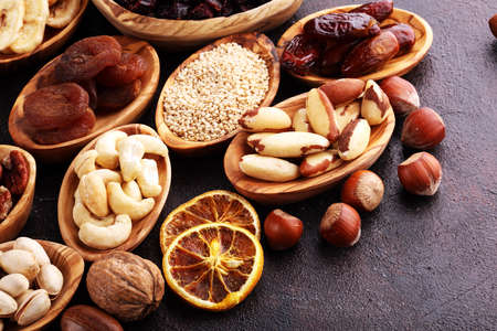 Composition with dried fruits and assorted healthy organic nuts.の写真素材