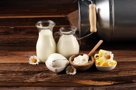 milk products. tasty healthy dairy products on a table on. mozzarella in a bowl, cottage cheese bowl, butter swirls and glass bottle の写真素材