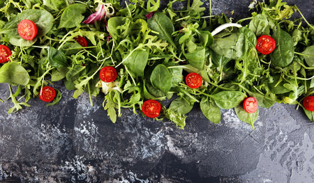 Mix fresh leaves of arugula, lettuce, spinach, beets for salad on rustic background