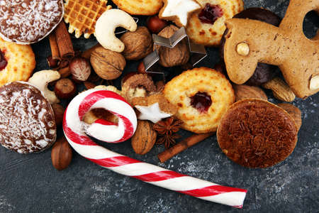 Mixed Christmas cookies. Colorful mix of Christmas-themed decorated cookies for xmasの写真素材