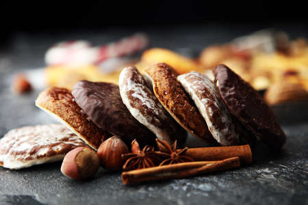 Typical German Gingerbreads such as Lebkuchen and Aachener Printen. christmas cookies with spices.の写真素材