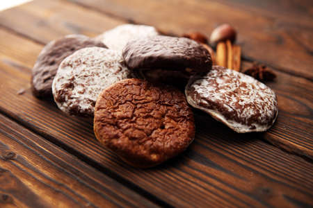 Typical German Gingerbreads such as Lebkuchen and Aachener Printen. christmas cookies with spices.の写真素材
