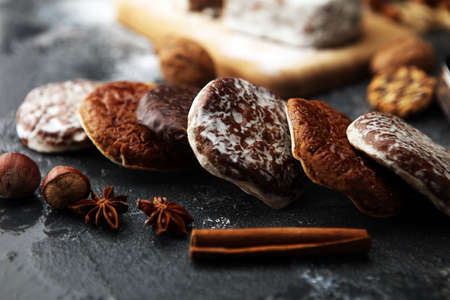 Typical German Gingerbreads such as Lebkuchen and Aachener Printen. christmas cookies with spices.の写真素材
