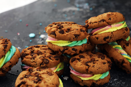 ice cream sandwiches. Chocolate Chip Cookie Ice Cream Sandwich on tableの写真素材