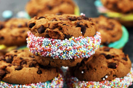 ice cream sandwiches. Chocolate Chip Cookie Ice Cream Sandwich on tableの写真素材