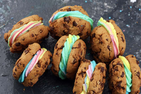 ice cream sandwiches. Chocolate Chip Cookie Ice Cream Sandwich on tableの写真素材