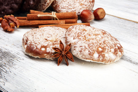 Typical German Gingerbreads such as Lebkuchen and Aachener Printen. Christmas cookies with spices on white backgroundの写真素材
