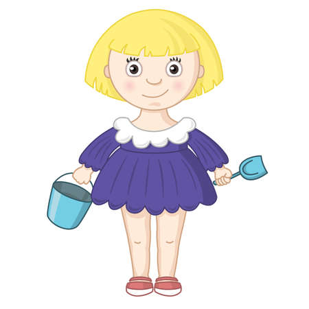 Little blonde girl in blue dress with bucket and shovel, vector illustrationのイラスト素材