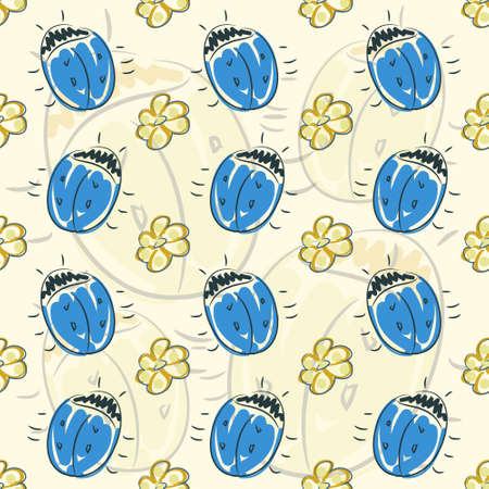 Seamless pattern with flower and beetle, vector background textureのイラスト素材