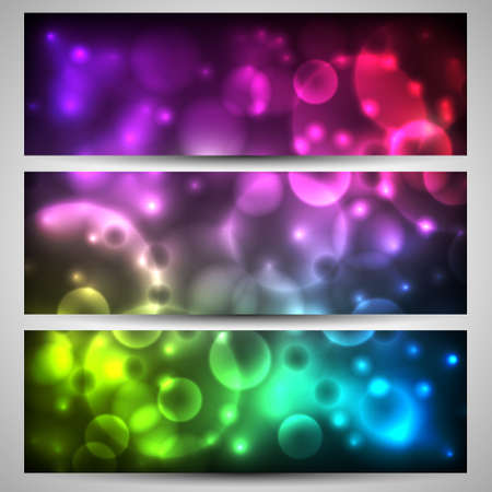 Set of header or banner with abstract bokeh on dark background with bright colorful flashesのイラスト素材