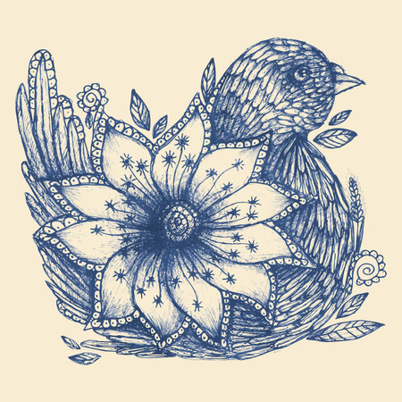 Hand drawn doodle bird and flower, vector illustrationのイラスト素材