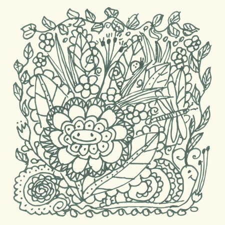Hand drawn doodle garden with flowers and insects, vector backgroundのイラスト素材