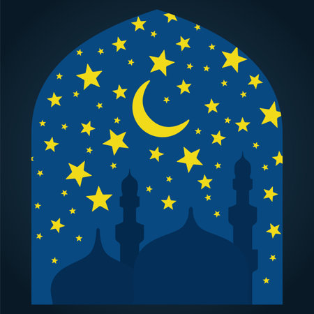 Ramadan Kareem greeting with mosque on night background. Vector sketch illustration.のイラスト素材