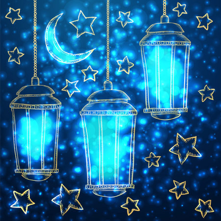 Ramadan Kareem greeting with lantern on night background. Vector sketch illustrationのイラスト素材
