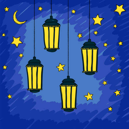 Ramadan Kareem greeting with lantern on night background. Vector sketch illustrationのイラスト素材