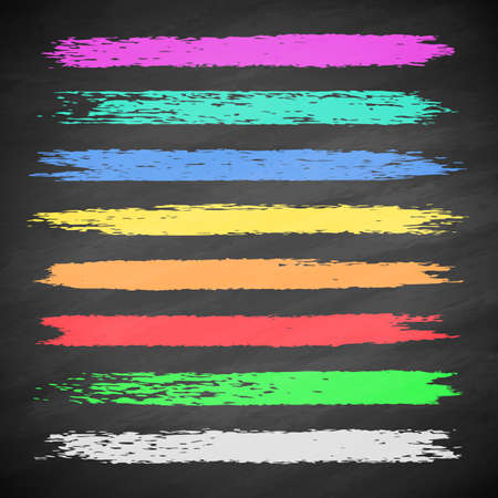 Grunge colorful chalk stripes on blackboard. Set of vector brushes. Design elements on black backgroundのイラスト素材