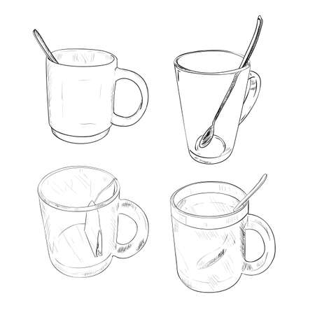 Vector hand drawn sketch set of a cup with spoon isolated on white background.のイラスト素材