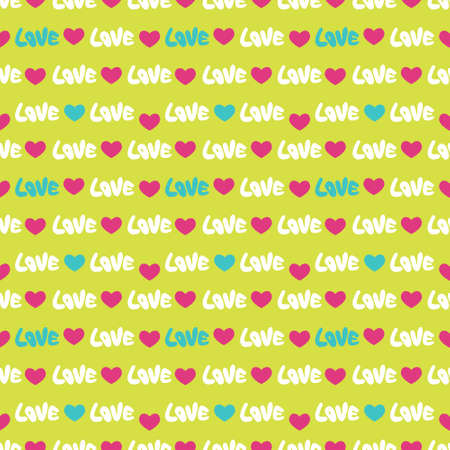 Seamless colorful wallpaper pattern. Vector background with hand drawn love word and heartsのイラスト素材