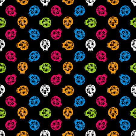 Seamless colorful halloween pattern. Day of The Dead vector background with sugar skullsのイラスト素材