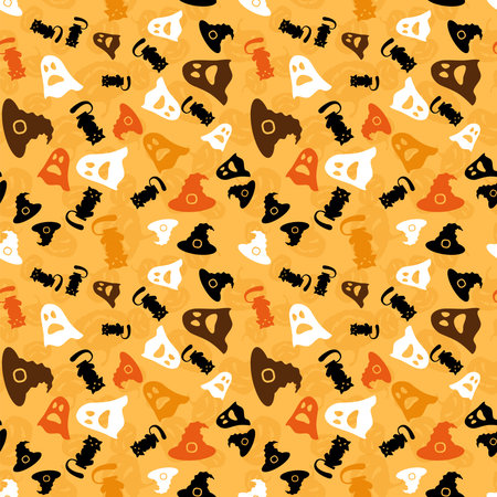 Halloween seamless pattern. Vector background wallpaper with ghost, witch hat and cat. Patterned paper for scrapbook Halloween albums.のイラスト素材