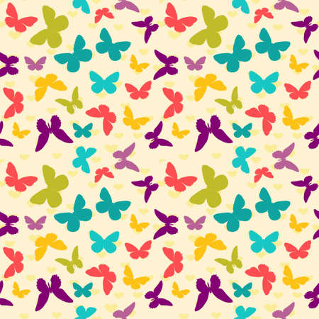 Seamless colorful pattern. Vector background with flat butterflies and hearts. Patterned wallpaper for scrapbooking. Memphis styleのイラスト素材
