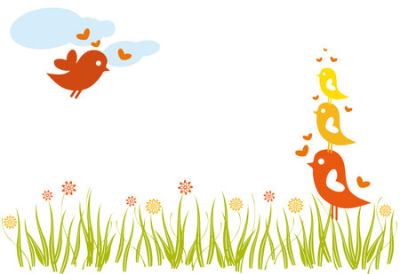 lovebird family in a flowery green field, vector のイラスト素材