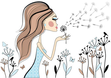 Fashion girl with dandelion flower, vectorのイラスト素材