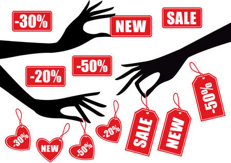 Hands holding red sale badges, vectorのイラスト素材