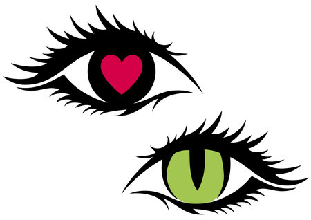 green cat eye and eye with red heartのイラスト素材