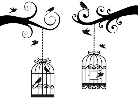 ornamental tree branches with birdcage and birdsのイラスト素材