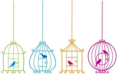 set of ornamental birdcages with birdsのイラスト素材