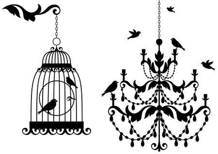 vintage birdcage and crystal chandalier with birds, backgroundのイラスト素材