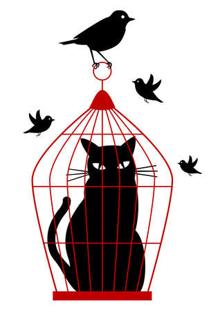 cat caged in birdcage by birds,  backgroundのイラスト素材