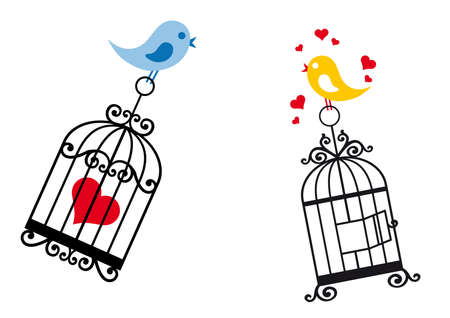 love birds with birdcage and heartのイラスト素材