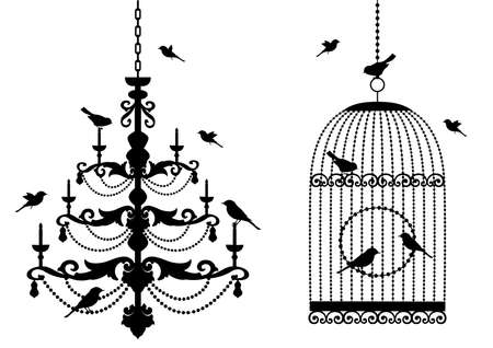 vintage birdcage and crystal chandelier with birds,  backgroundのイラスト素材