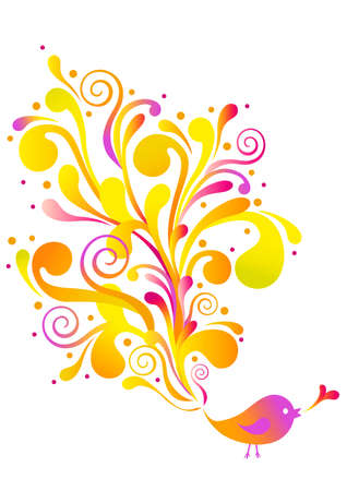 cute bird with floral swirls,  backgroundのイラスト素材