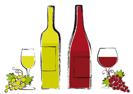 red and white wine bottles with glasses and grapes, vector のイラスト素材