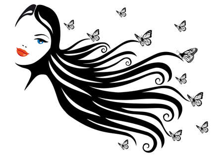 woman with black hair and butterflies, vector illustrationのイラスト素材