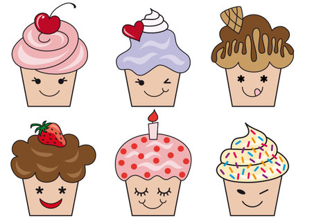set of cute cupcake faces, vector illustration
