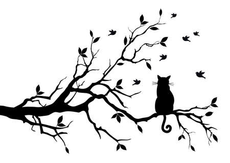 cat sitting on a tree, watching birdsのイラスト素材