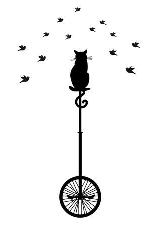 cat sitting on monocycle and watching birdsのイラスト素材