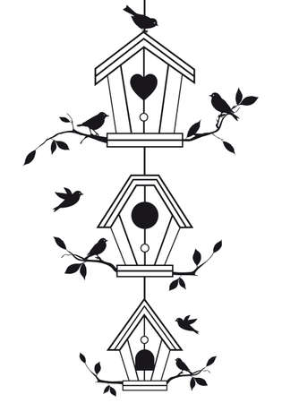 birdhouses with tree branches and birds, vector backgroundのイラスト素材
