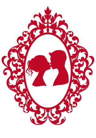kissing couple in antique picture frame, vector backgroundのイラスト素材