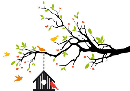 bird house on spring tree with green leaves, vector backgroundのイラスト素材