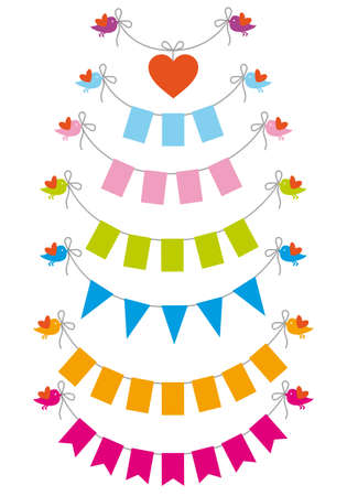 bunting flags with cute baby birdsのイラスト素材