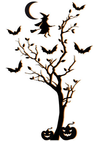 halloween tree with witch and bats, vector backgroundのイラスト素材