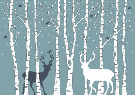 birch trees with birds and deerのイラスト素材