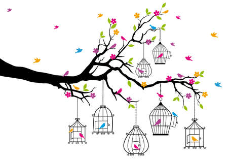 tree branch with birds and birdcagesのイラスト素材