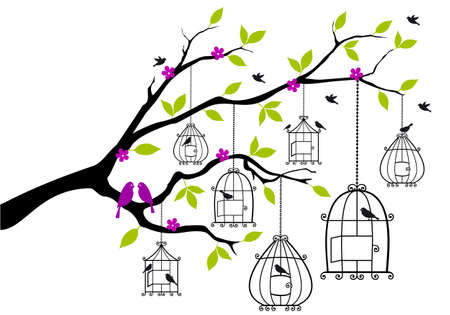 tree branch with open birdcages and birdsのイラスト素材