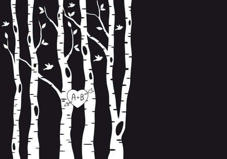 wedding invitation template with birch trees, birds and heart, vector のイラスト素材